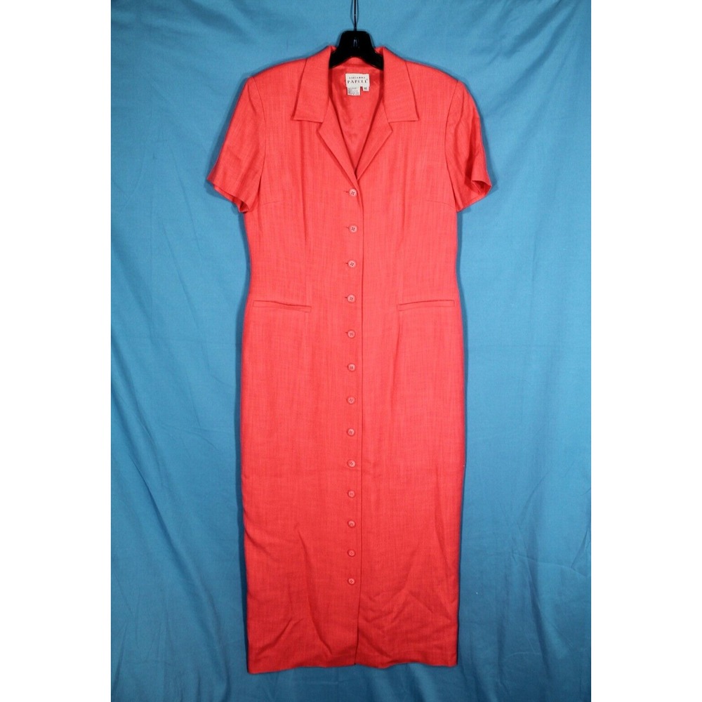 ADRIANNA PAPELL Coral TWILL Button-Up FAUX POCKETS Lined SHEATH MAXI DRESS Sz 10